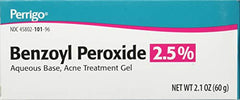 Perrigo benzoyl peroxide gel label close-up showing 2.5% formula.