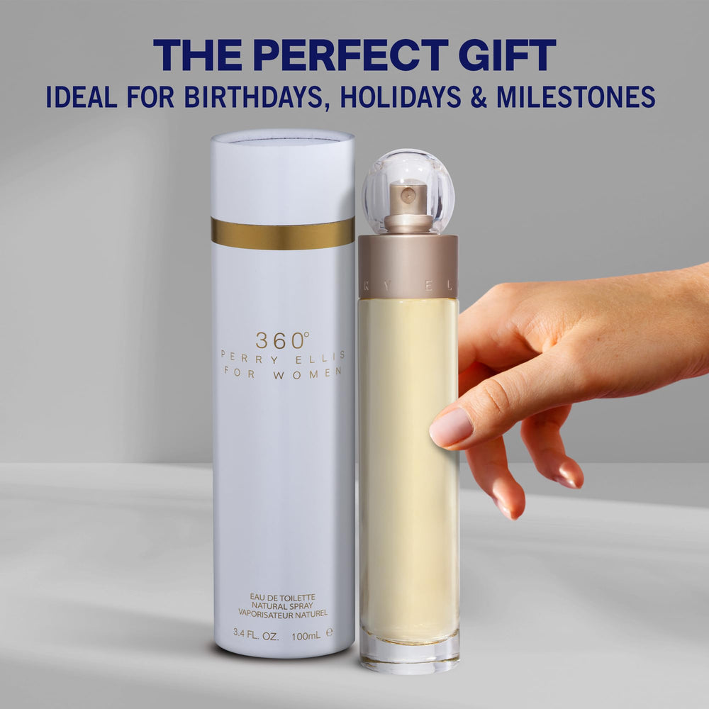 Perry Ellis 360° in-hand image suggests portable fragrance for on-the-go moments.