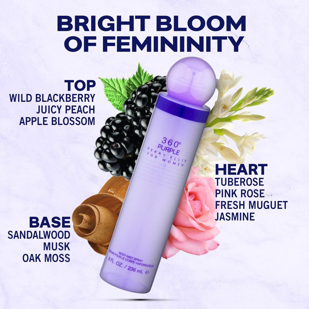 Perry Ellis 360 Purple spray application demonstrates quick, lasting freshness for any occasion.