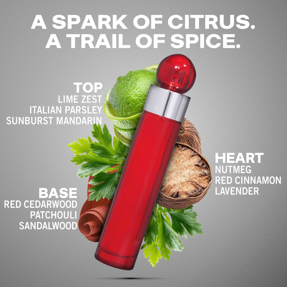 Perry Ellis 360 Red bottle side view hints at bold, long-lasting fragrance for day or night