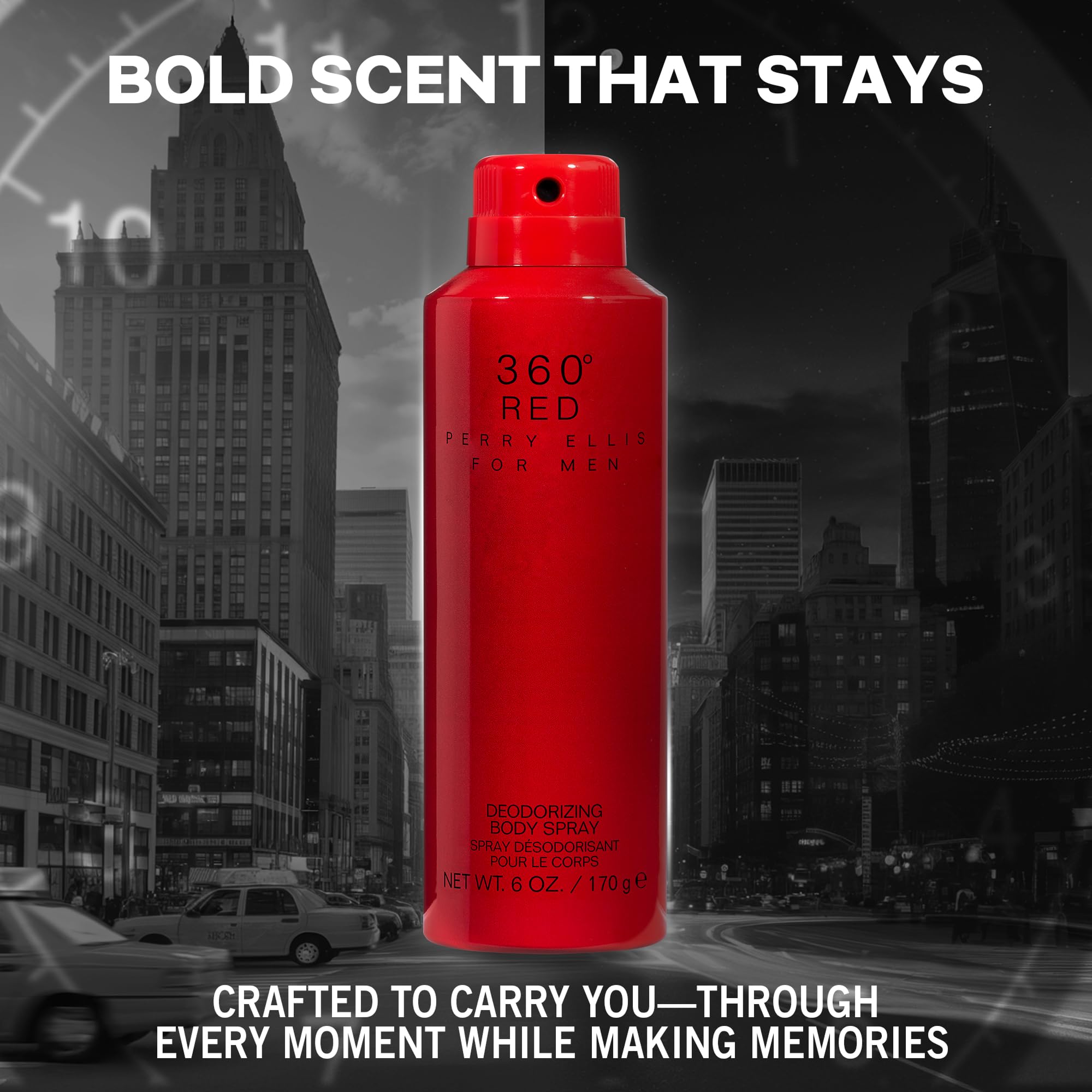 Perry Ellis 360° Red spray nozzle close-up showing quick-dry mist for everyday use