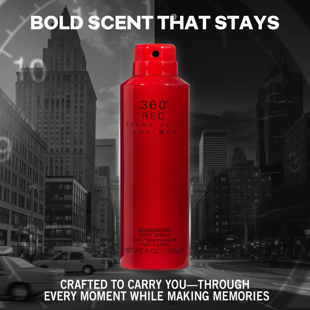 Perry Ellis 360° Red spray nozzle close-up showing quick-dry mist for everyday use