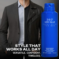 Perry Ellis 360° Very Blue packaging shows a 6 oz bottle for travel-friendly use.