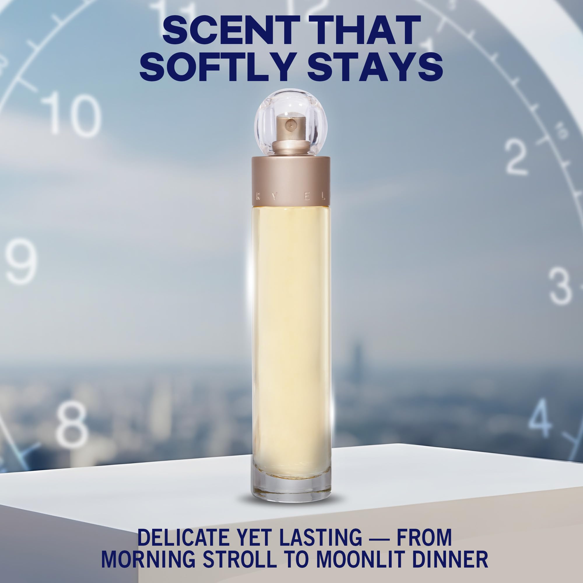 Perry Ellis 360° spray splash shot showing a light, wearable fragrance trail for daywear.