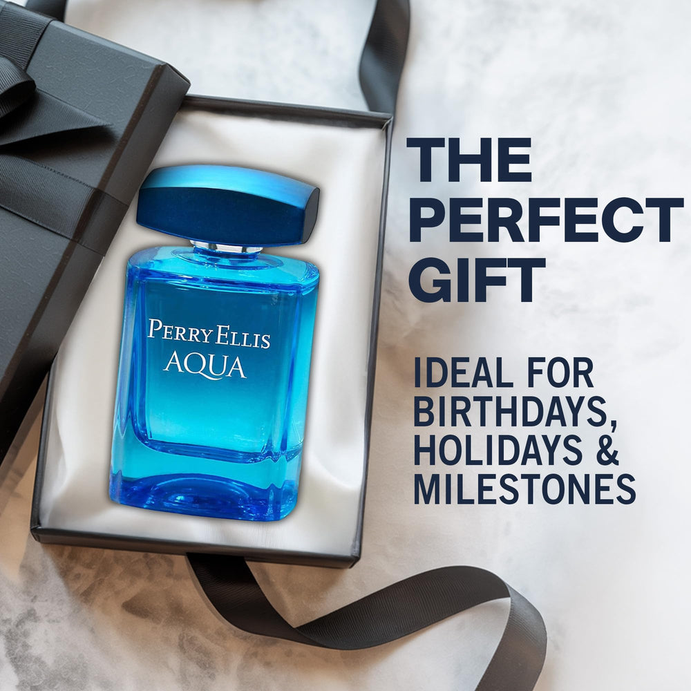 Perry Ellis Aqua packaging box highlights premium presentation.