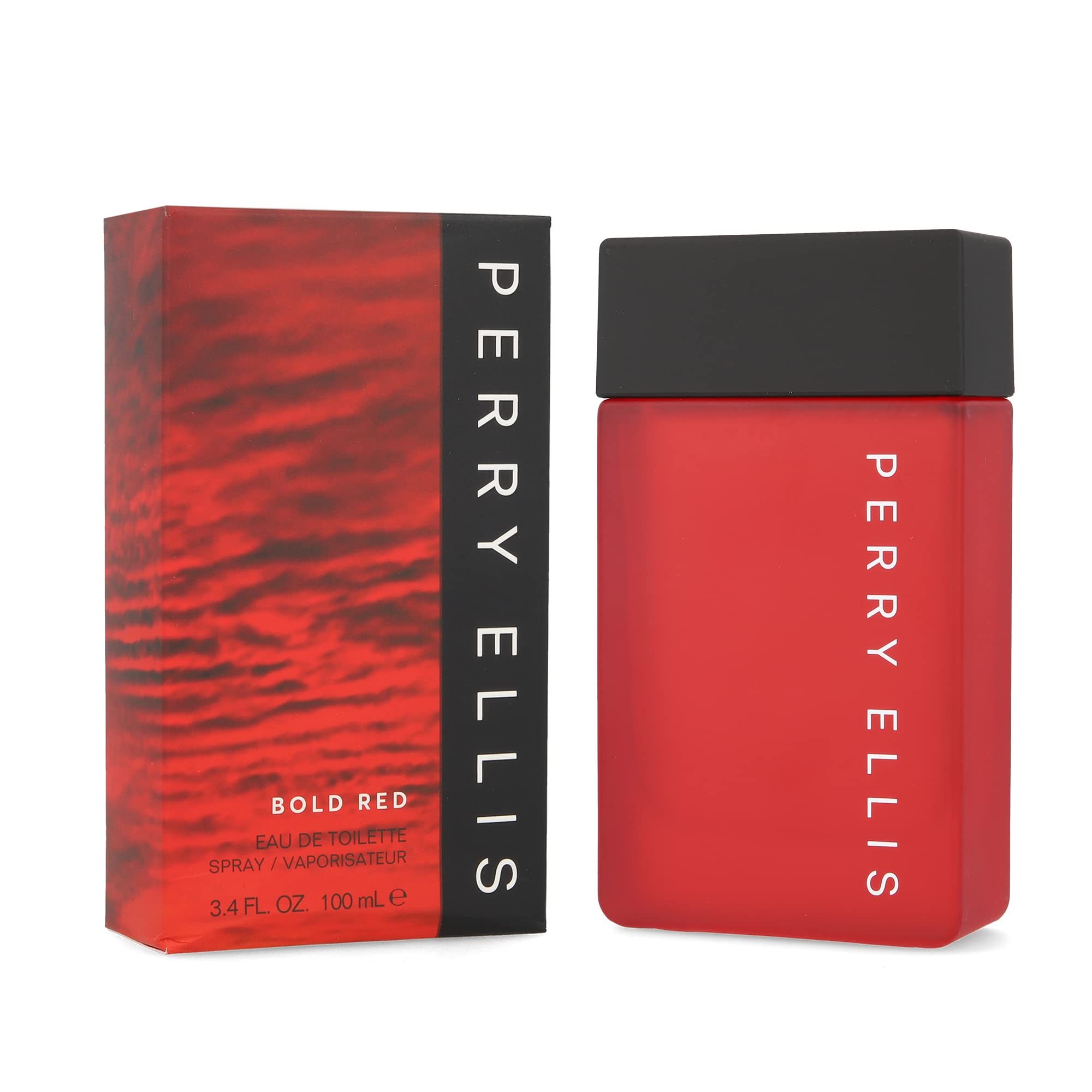 Perry Ellis Bold Red bottle front view highlighting amber-spicy scent for daily wear.