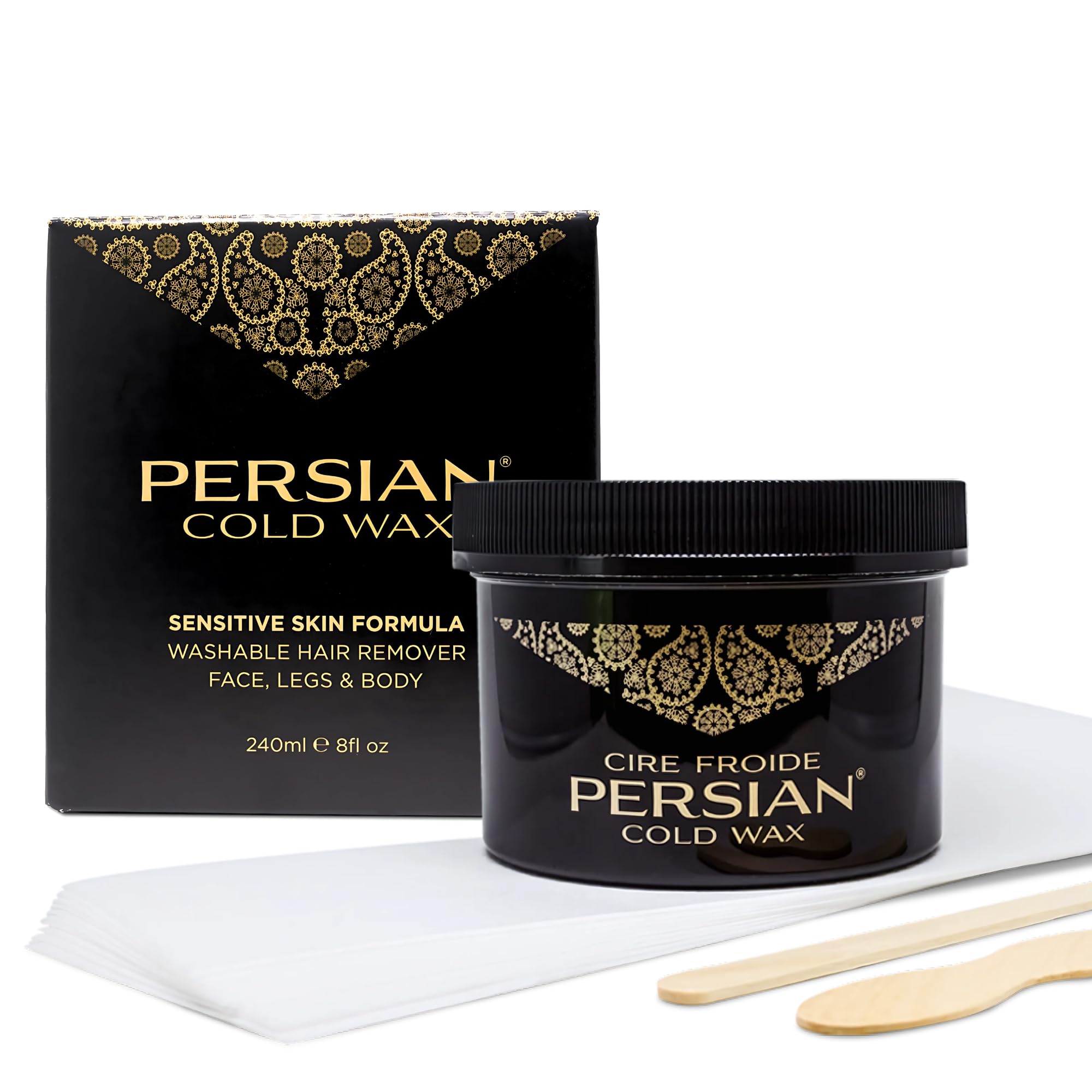Persian cold wax kit bottle and strips for smooth at‑home waxing with gentle formula
