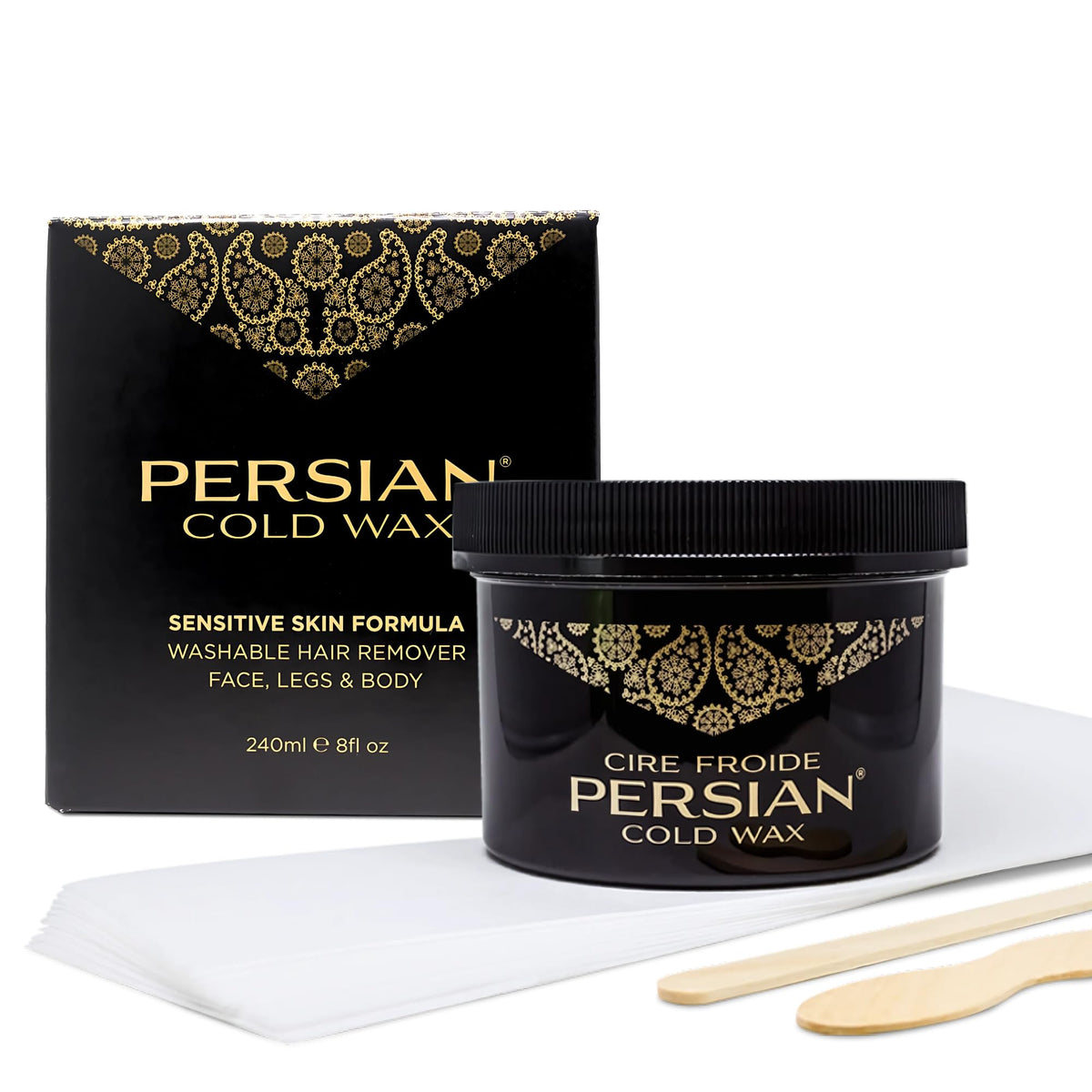Persian cold wax kit bottle and strips for smooth at‑home waxing with gentle formula