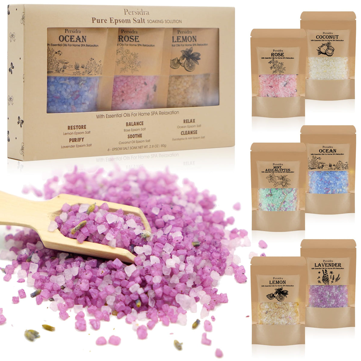Persidra bath salts 6-pack arrangement showcasing six relaxing scents