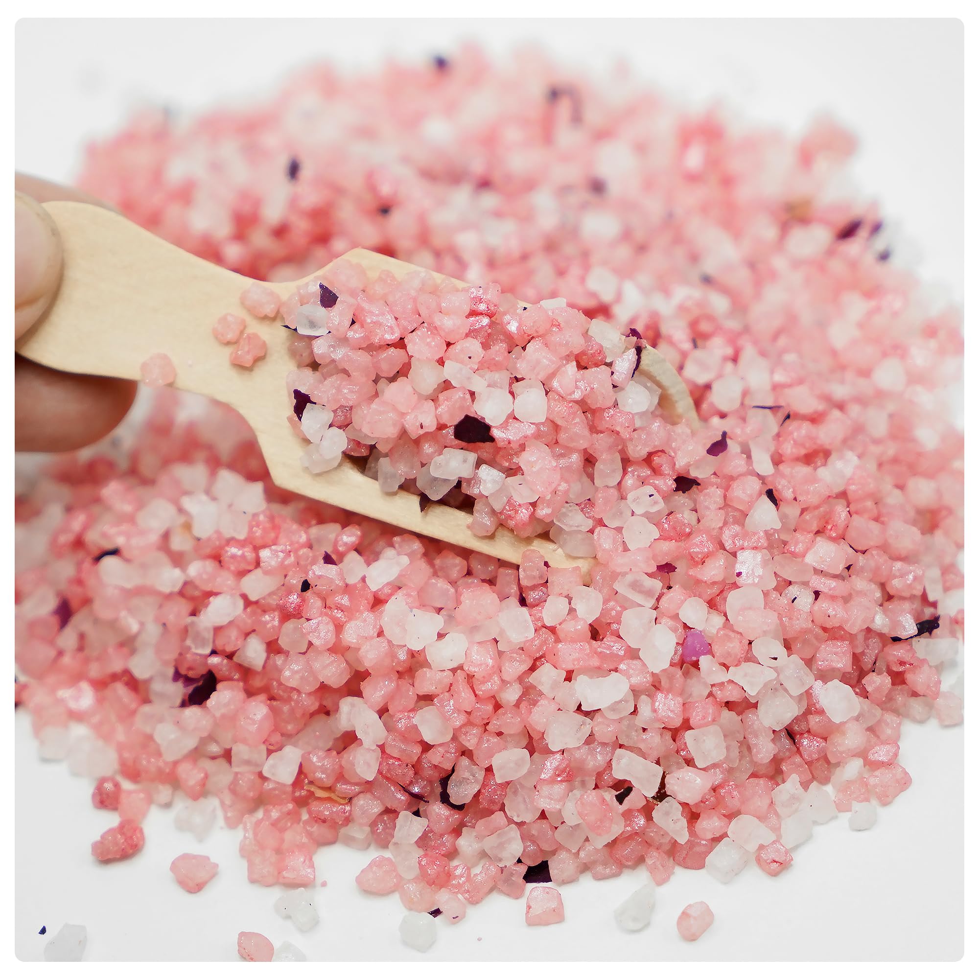 Persidra lavender bath salts in a bowl highlighting stress-relief scent