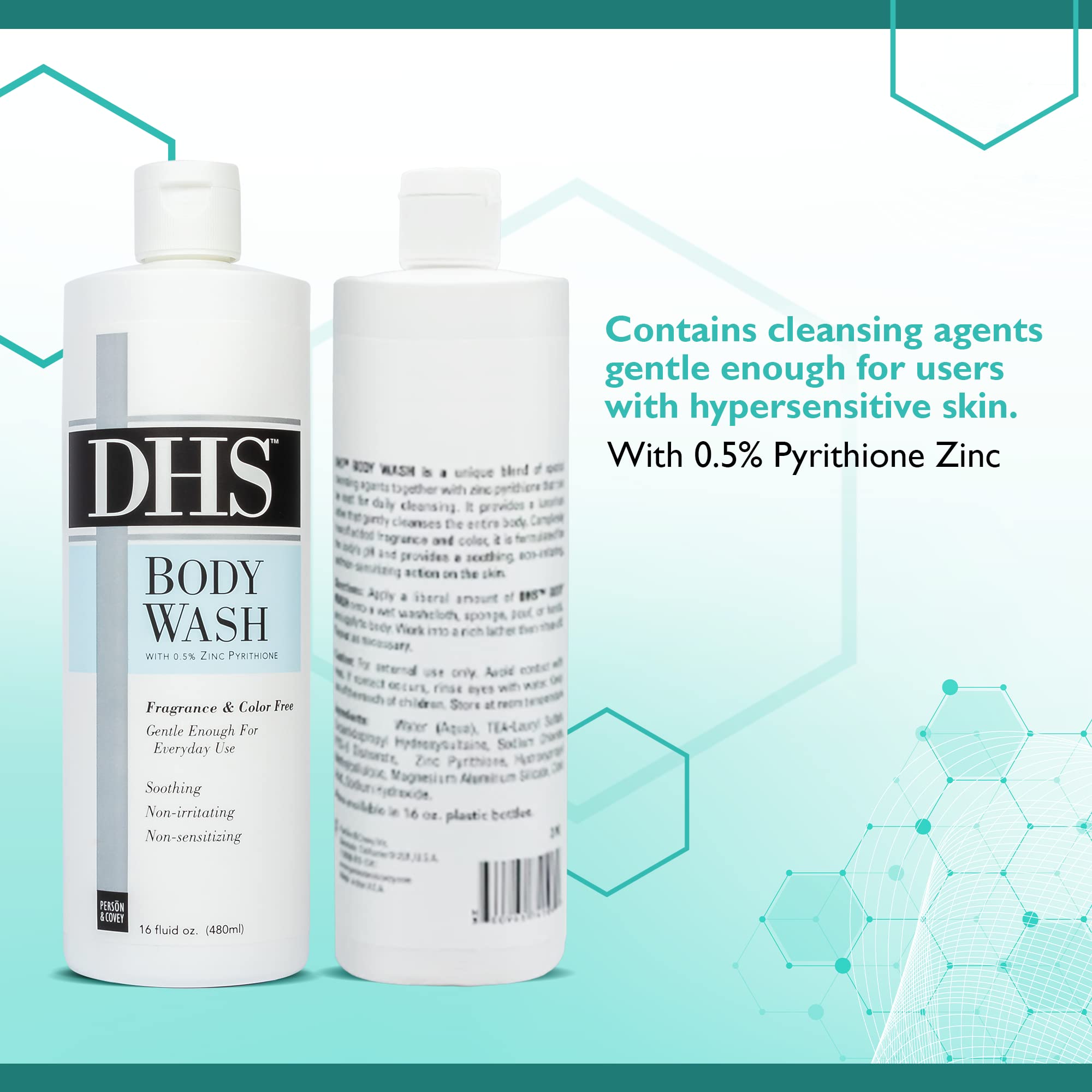Person & Covey DHS Body Wash zinc pyrithione details, supports skin care routine.