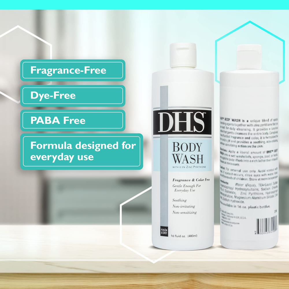 Person & Covey DHS Body Wash label close-up, hypoallergenic and pH-balanced.