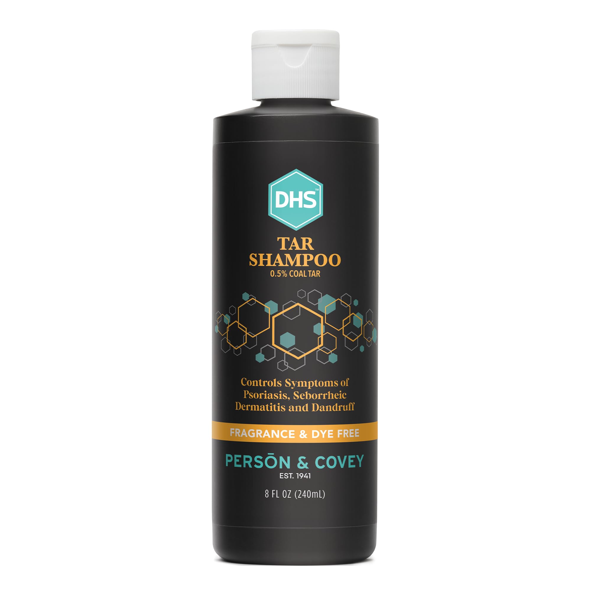 Person & Covey DHS Tar Shampoo bottle front—fragrance-free scalp care