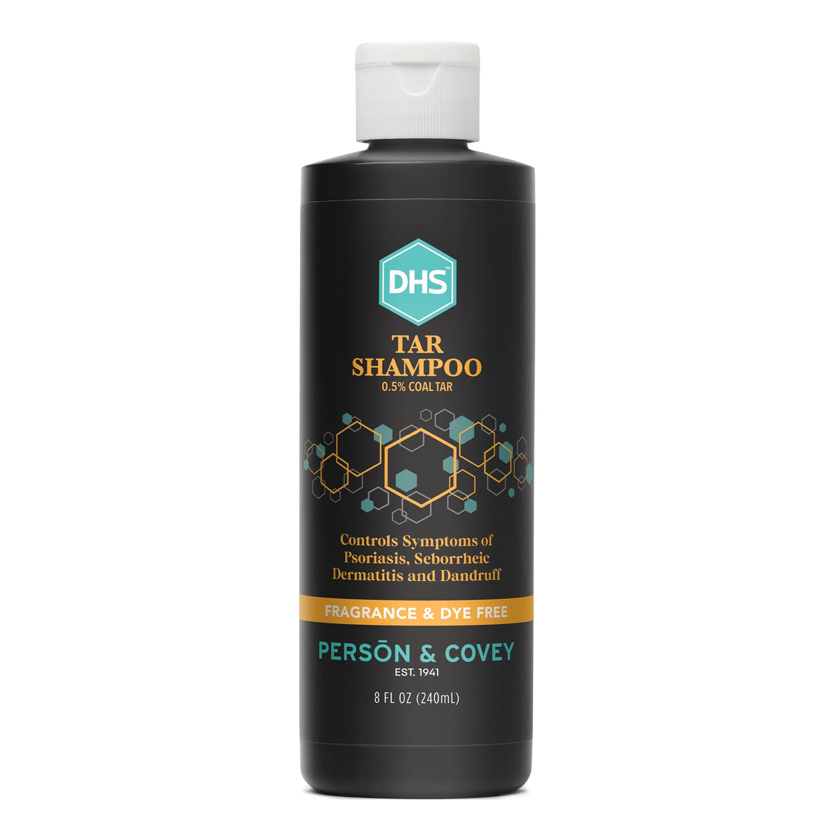 Person & Covey DHS Tar Shampoo bottle front—fragrance-free scalp care