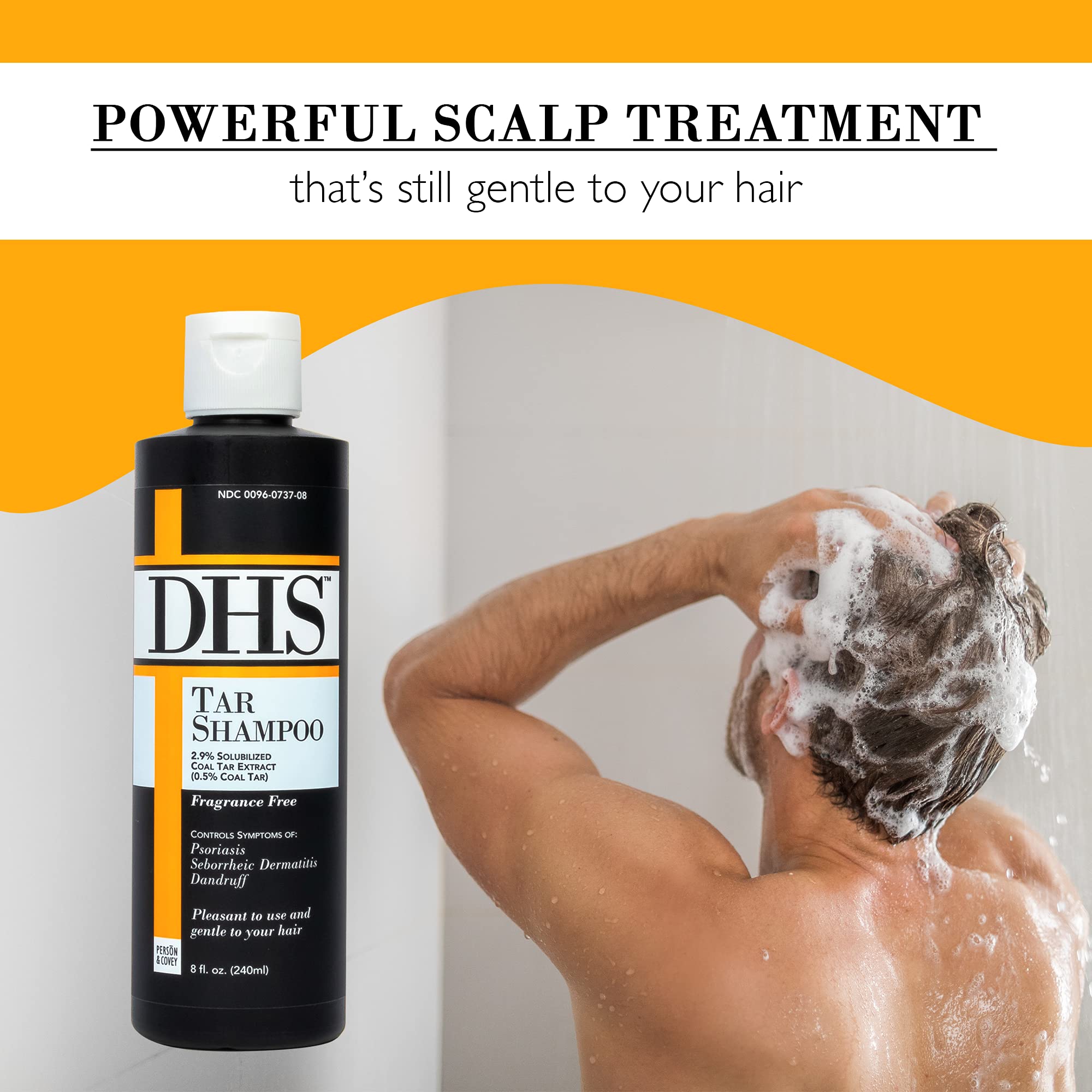 DHS Tar Shampoo ingredients close-up highlighting tar-based formula for scalp cleansing.
