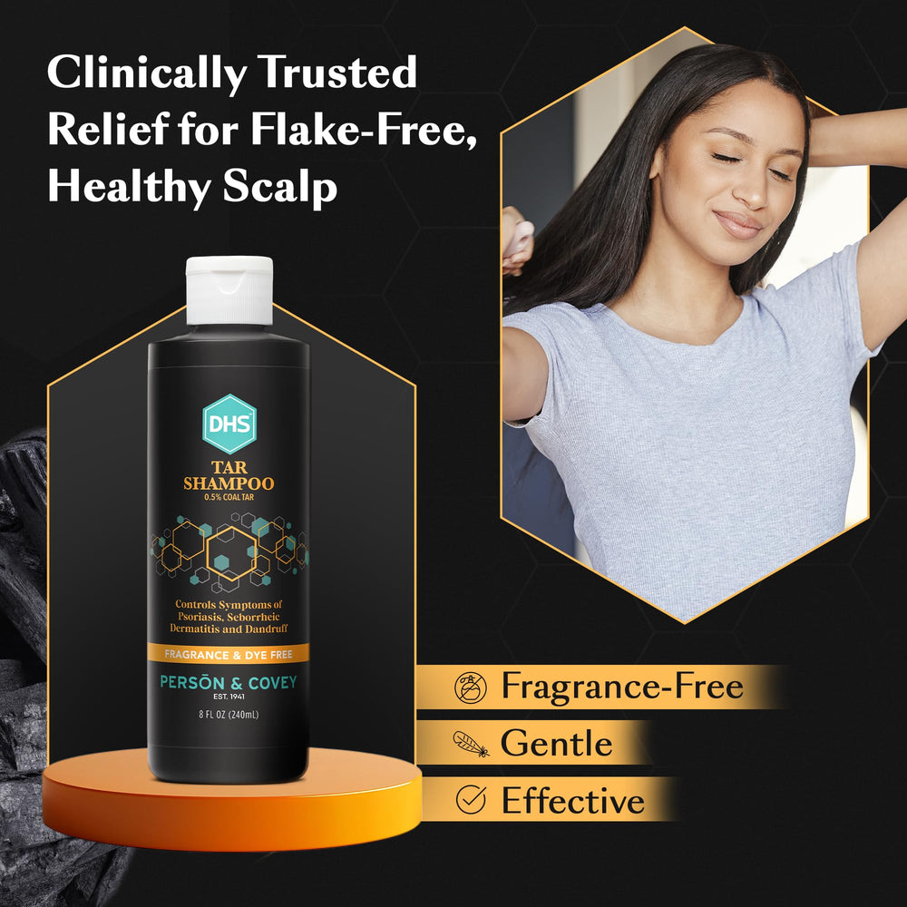Person & Covey DHS Tar Shampoo label-fragrance-free—dye-free for sensitive scalps