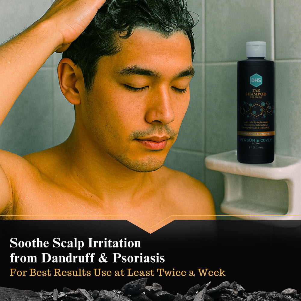 Person & Covey DHS Tar Shampoo label-psoriasis-care—daily scalp routine potential