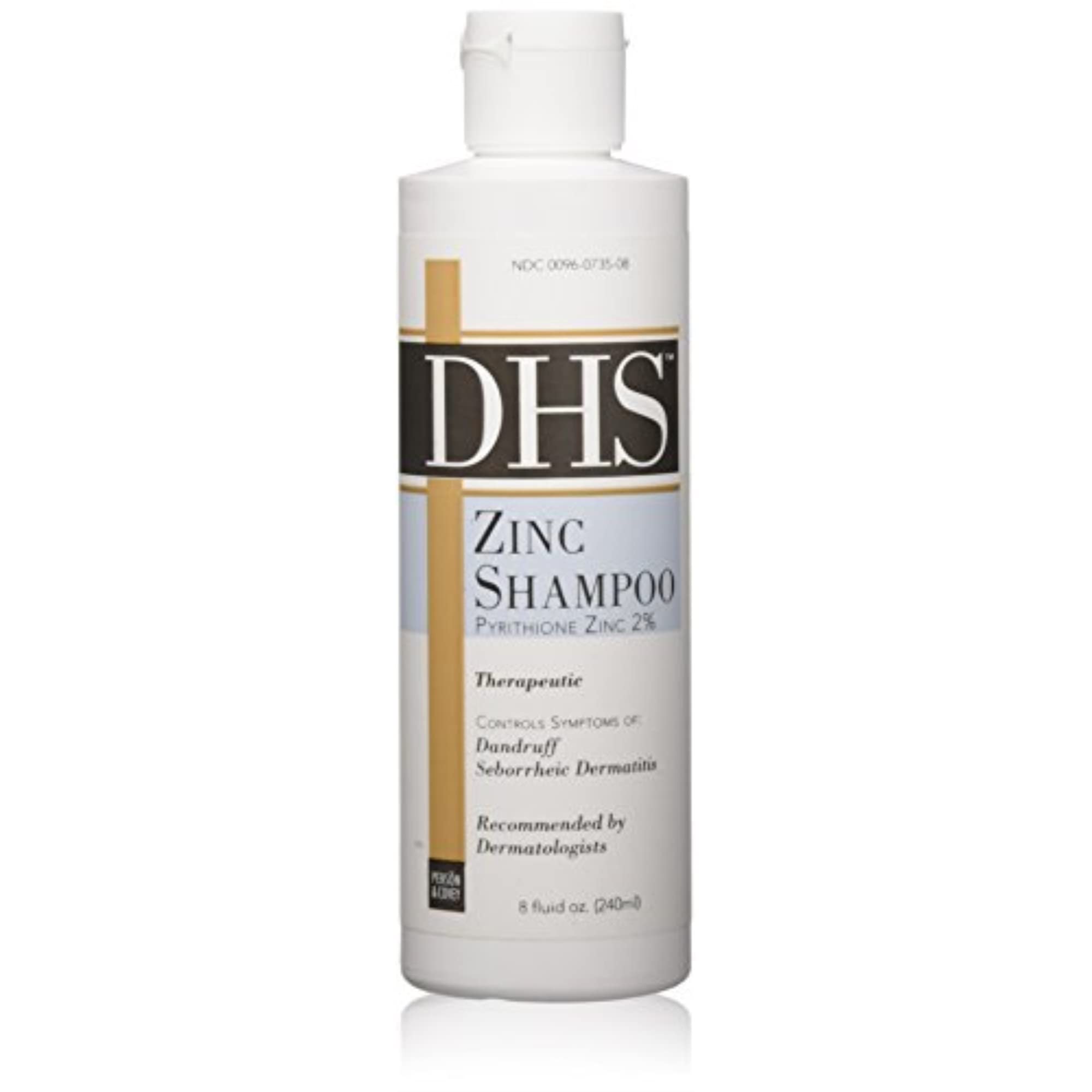 Person and Covey DHS Zinc Shampoo bottle highlights soothing scalp relief and nourishment.