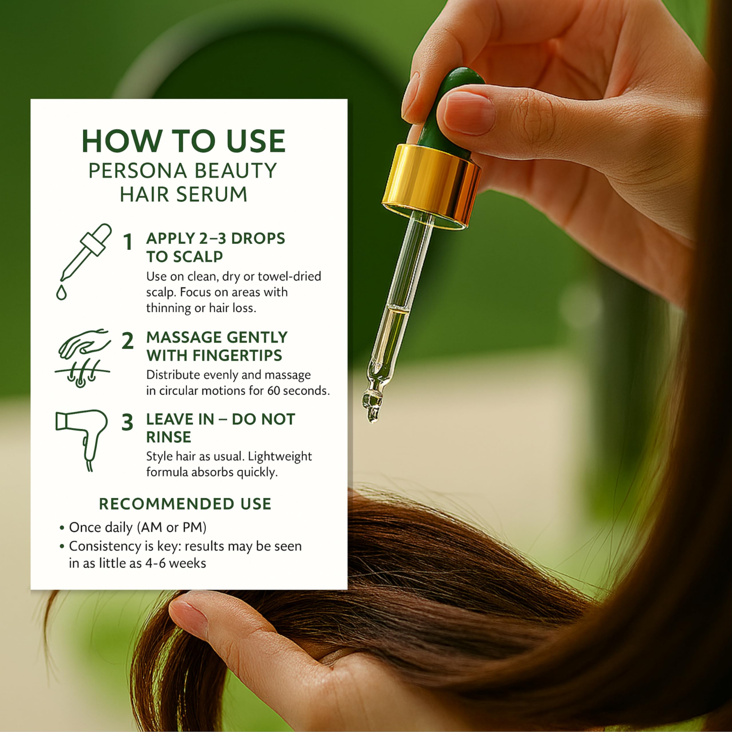 Persona Beauty daily-use shot demonstrates easy, no-rinsing scalp care routine