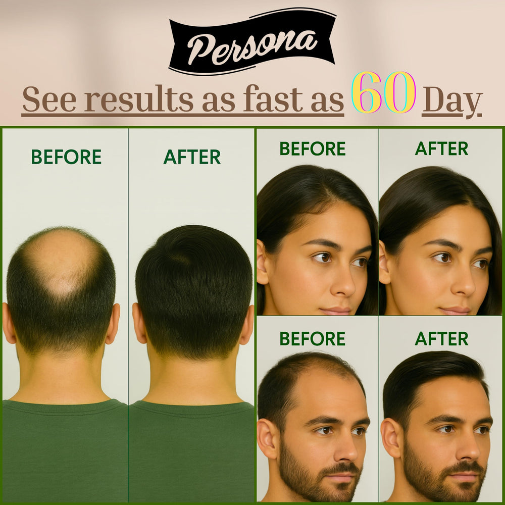 Persona Beauty hair growth serum label highlights plant-based ingredients for clean beauty benefits