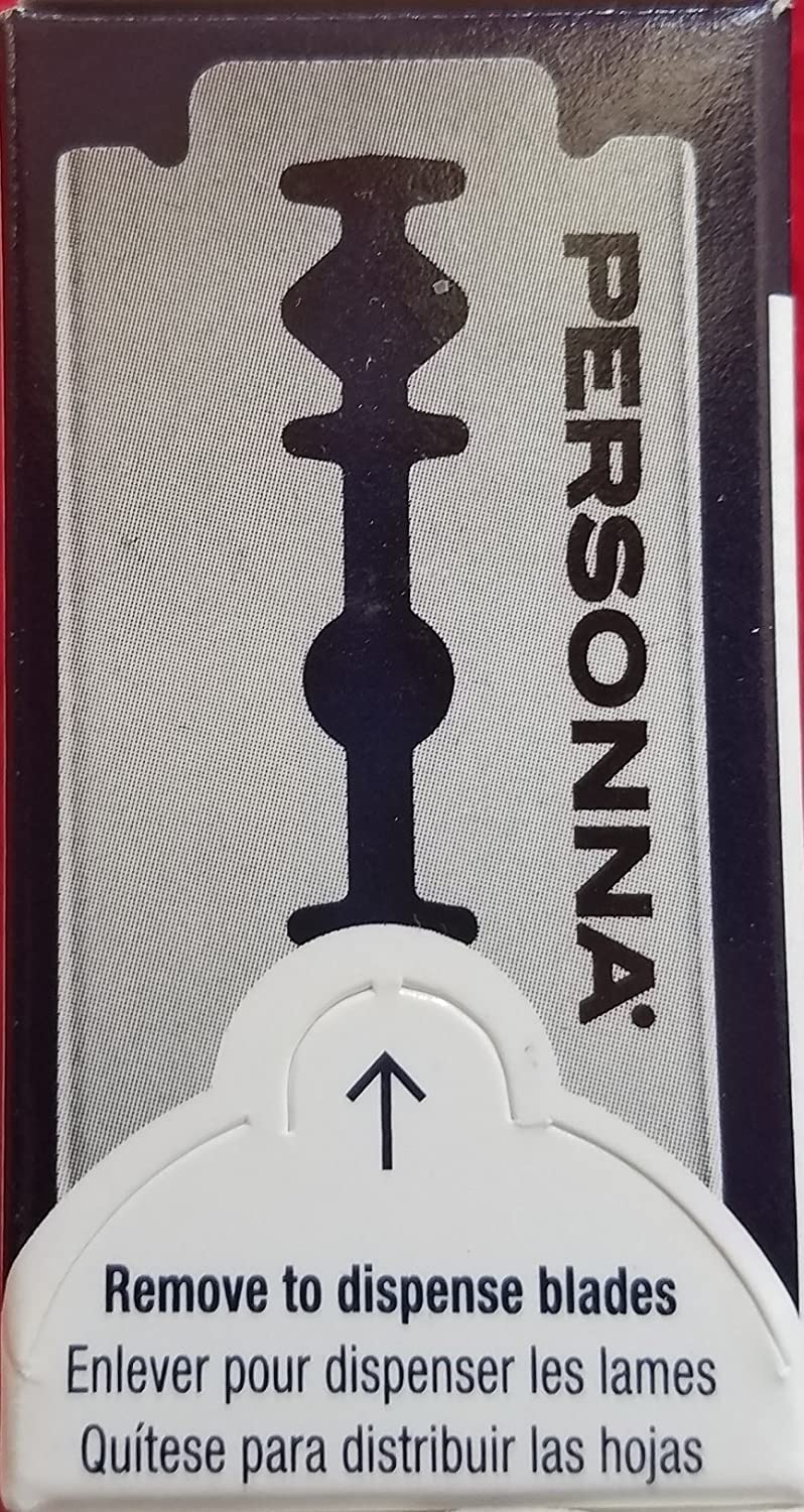Close-up of a Personna double-edge blade showing a sharp edge and metal finish.