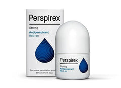 Perspirex Strong roll-on bottle offers compact 20ml size for travel protection.