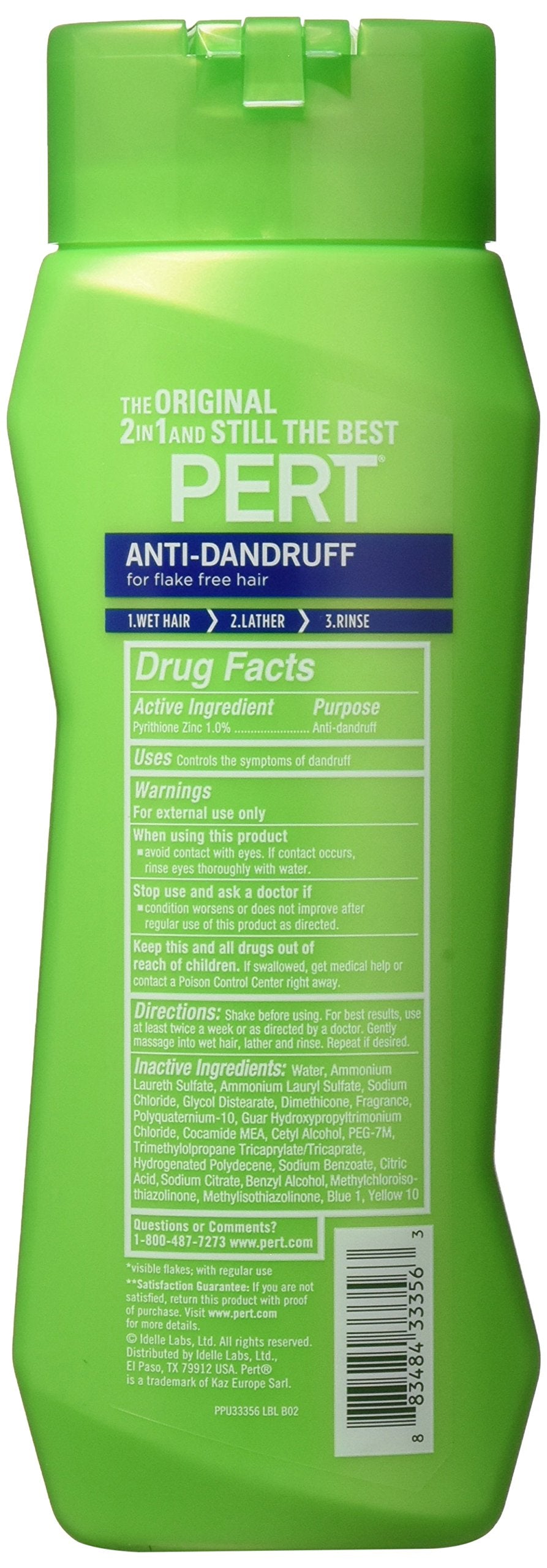 Pert anti-dandruff 2in1 bottle label highlights pH-balanced formula for everyday use