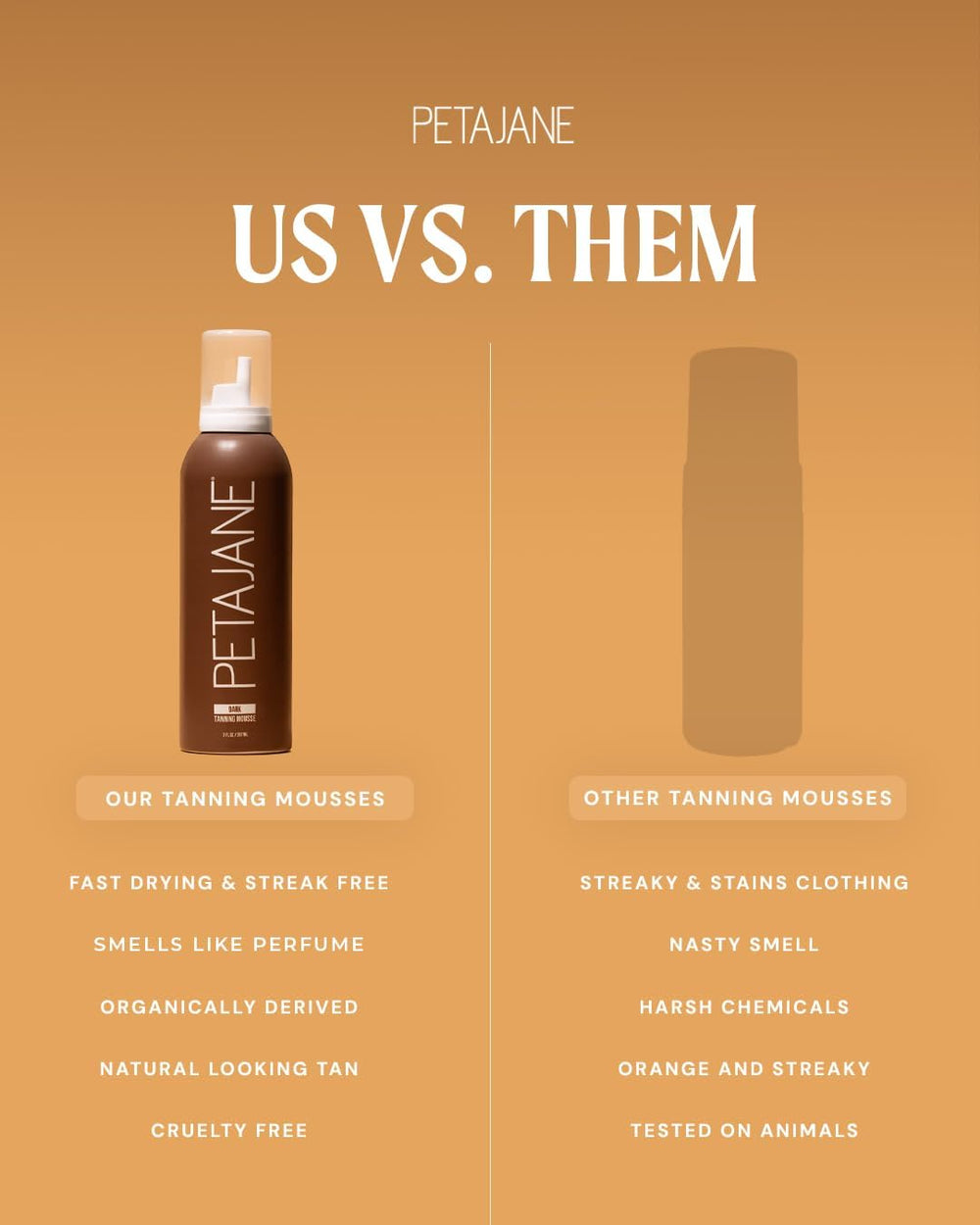 Peta Jane Dark Tanning Mousse vegan and cruelty-free label.