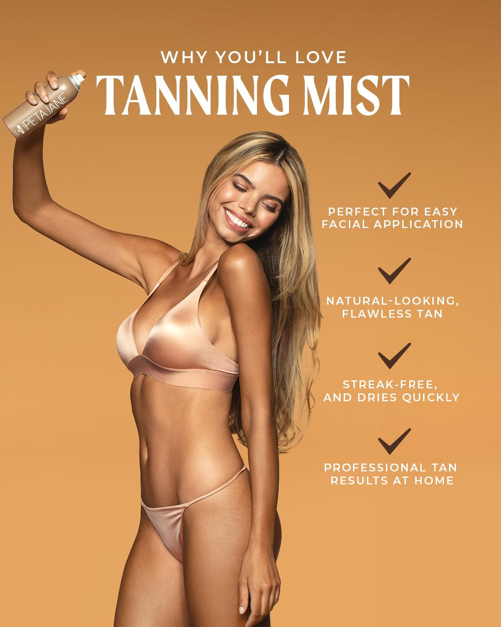 Peta Jane Sunless Tanning Mist dispenser demonstrates quick dry, easy application.