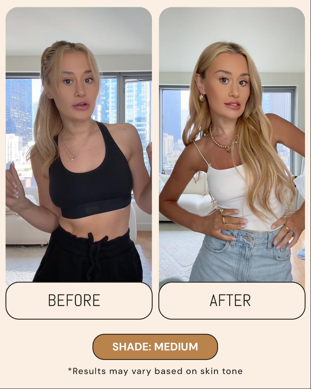 Peta Jane before-after swatch—visual result preview of natural-looking tan.
