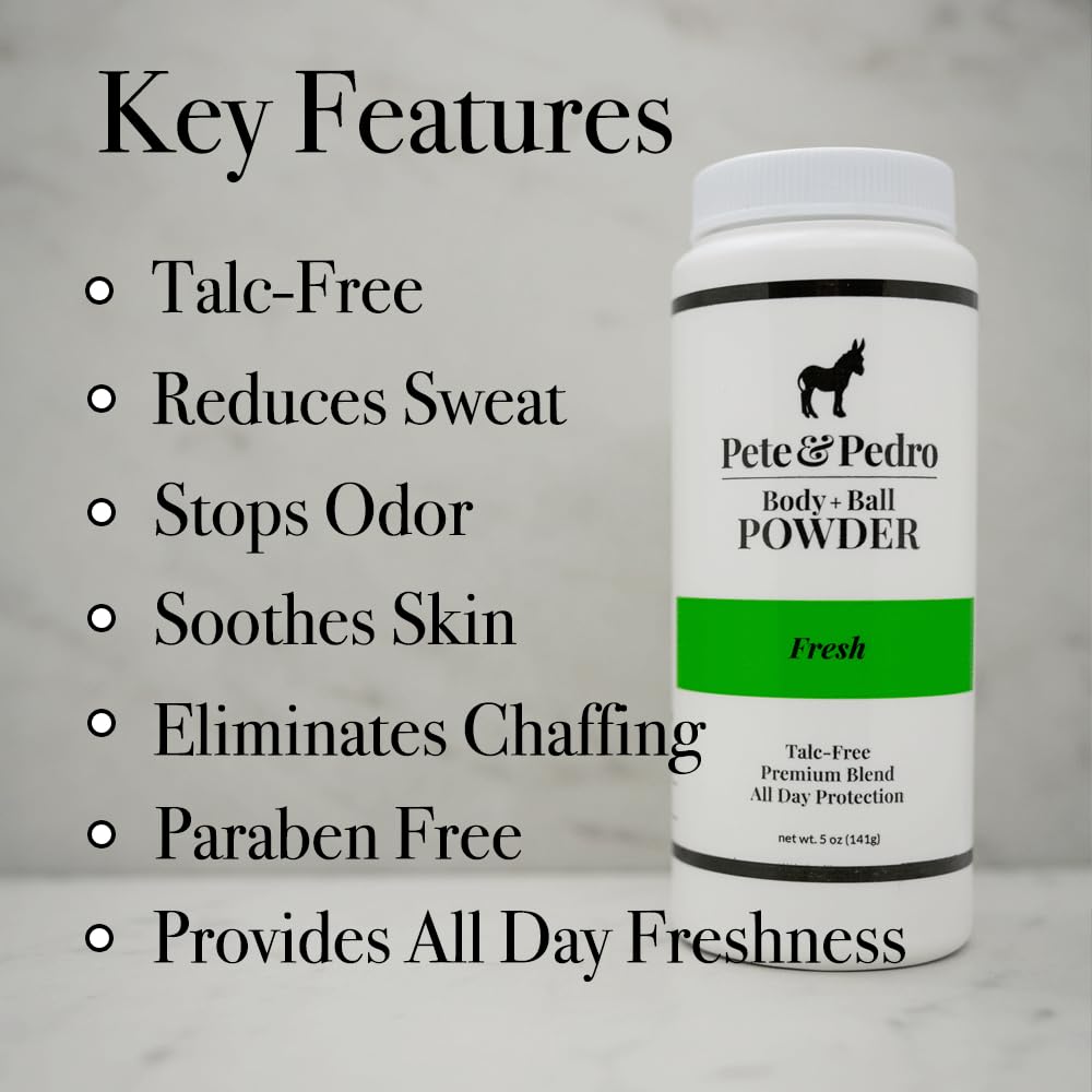 Pete & Pedro Body & Ball Powder Fresh dispenser area shows easy scoop and quick absorption.