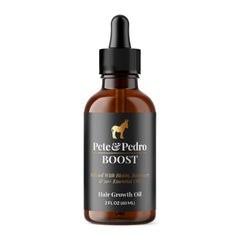 Pete & Pedro BOOST serum bottle highlights natural growth-support properties for scalp care.