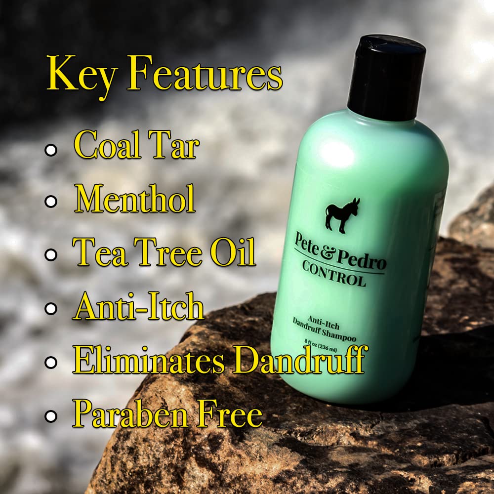 Pete & Pedro CONTROL bottle in hand illustrating coal tar strength for dandruff control
