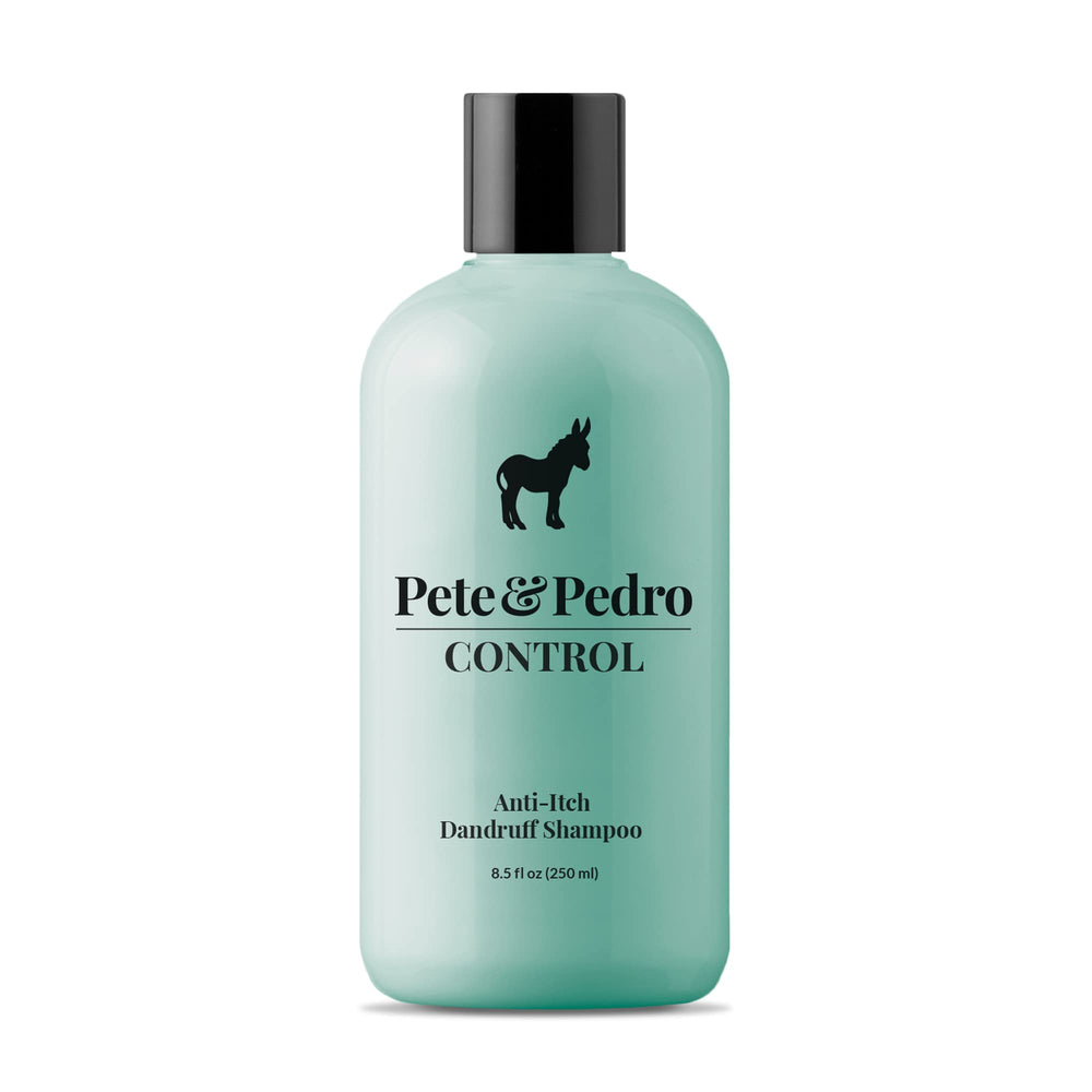 Pete & Pedro CONTROL shampoo bottle close-up showing medicated formula for flaky scalp relief