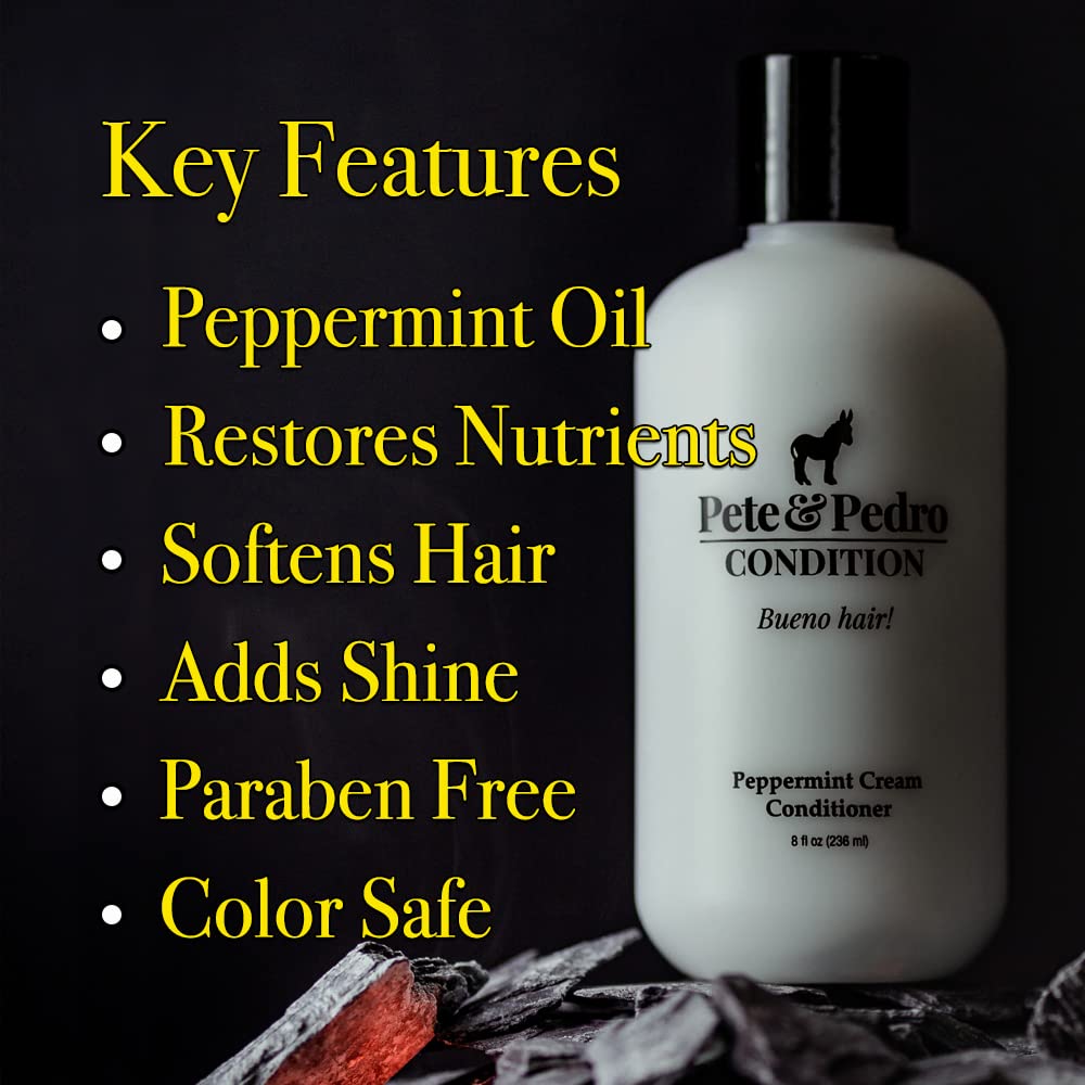 Pete & Pedro Peppermint Conditioner label closeup highlights paraben-free formula and peppermint scent.