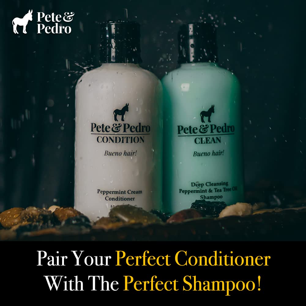 Pete & Pedro Peppermint Conditioner closeup with panthenol and rice protein highlights nourishing ingredients.
