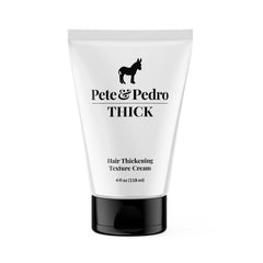 Pete & Pedro Thick Hair Cream bottle demonstrates light-hold texture for added volume.