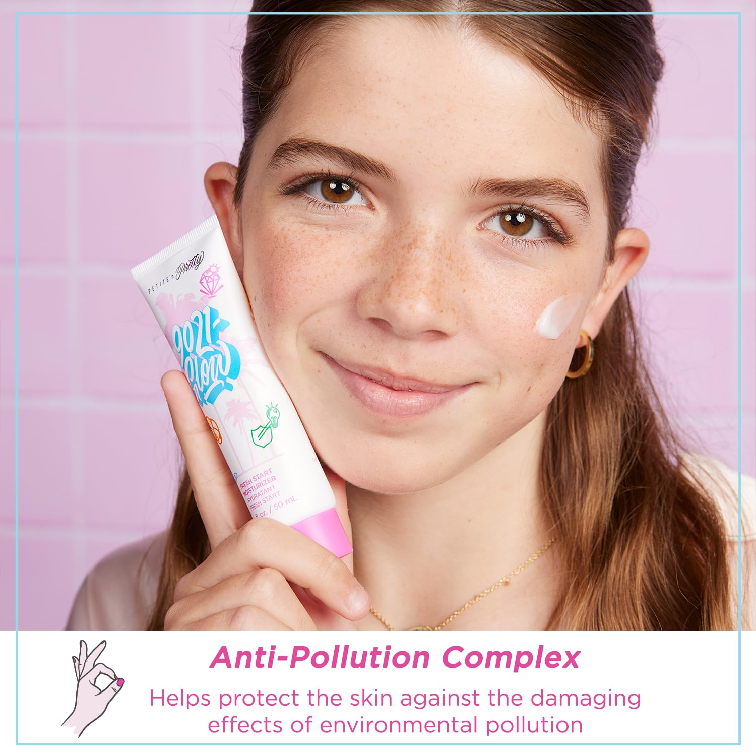 Petite 'N Pretty 9021-GLOW formula showing anti-blue-light protection concept on bottle.