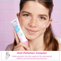Petite 'N Pretty 9021-GLOW formula showing anti-blue-light protection concept on bottle.