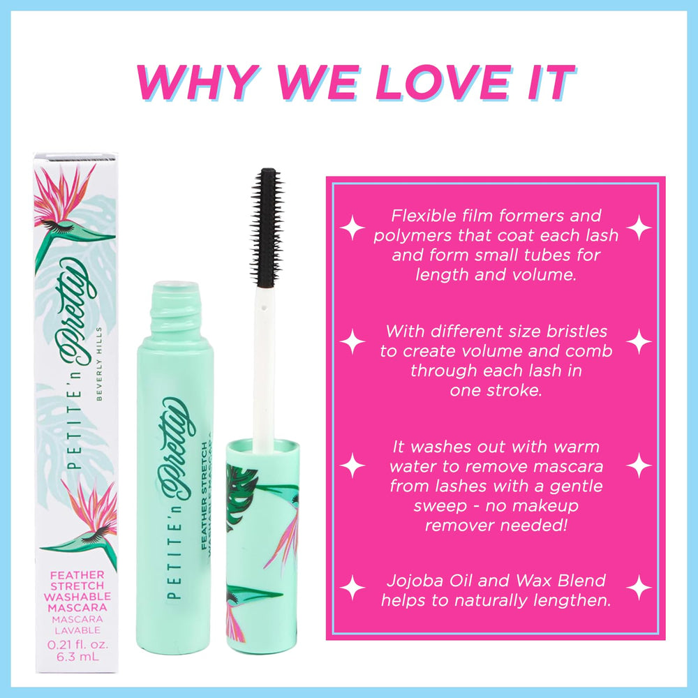 Petite 'N Pretty feather stretch mascara application aids easy, mess-free coating from roots to tips.
