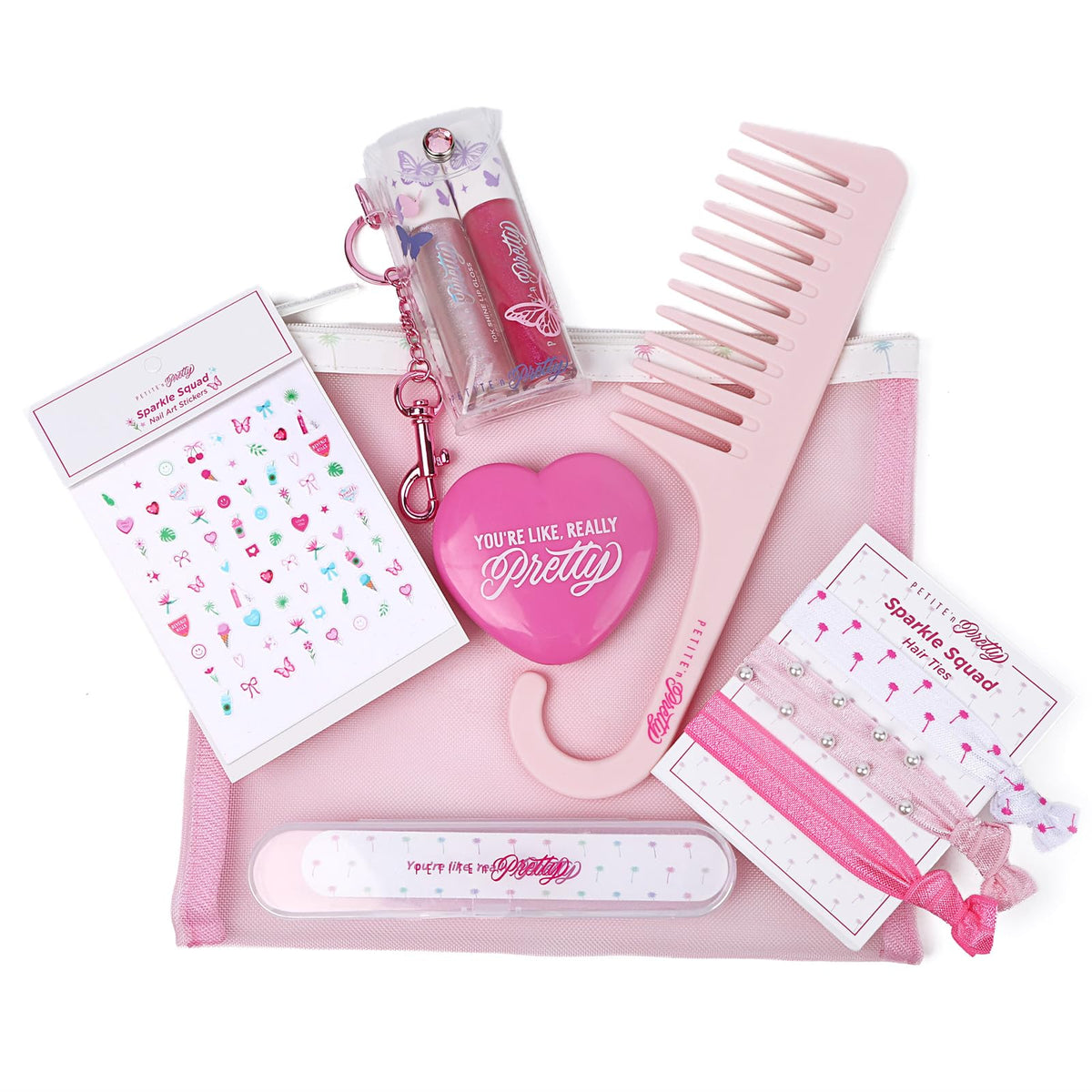 Petite 'N Pretty pink mesh bag keeps all makeup essentials organized.