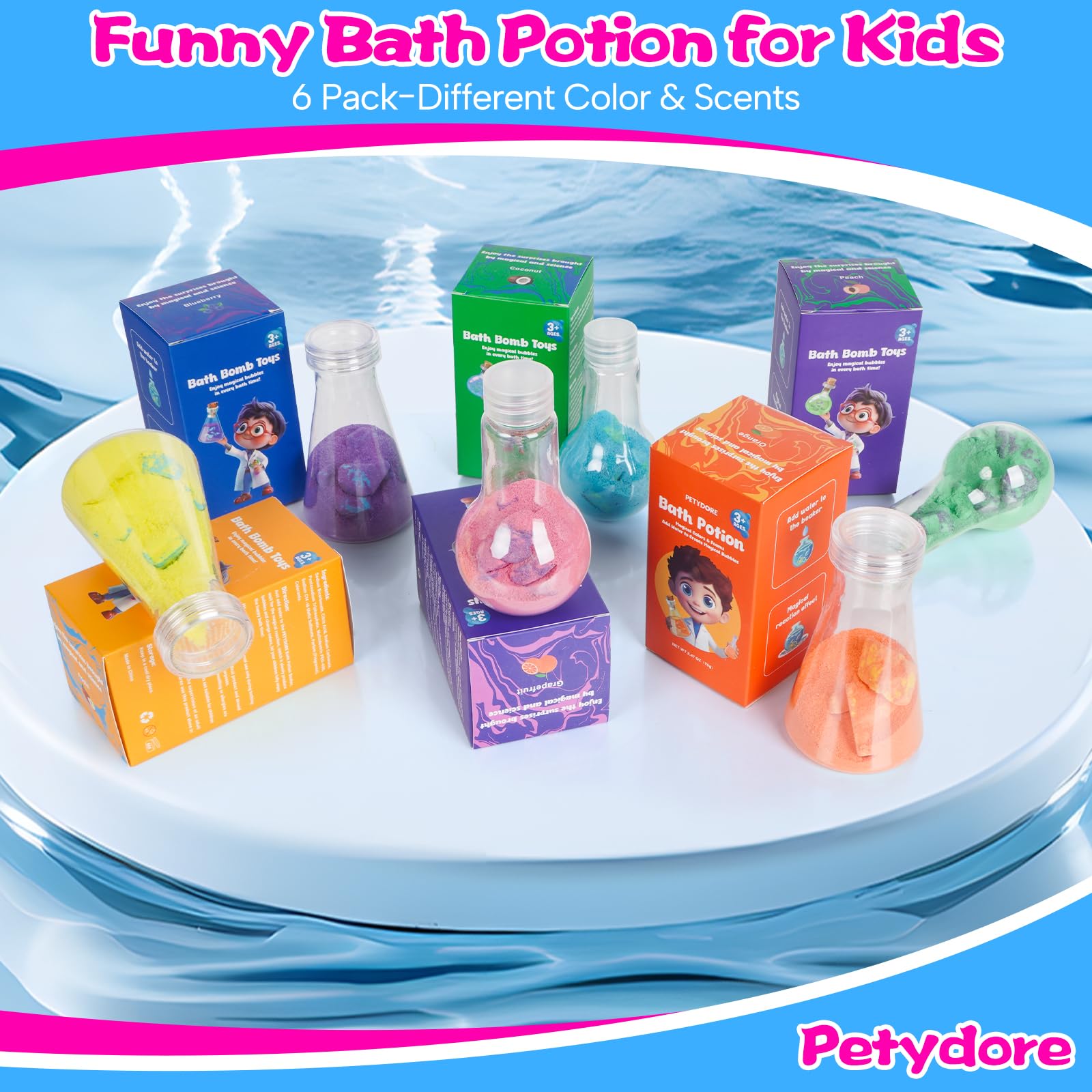 Petydore Bath Potion Fizz and Foam demonstrates safe natural bubbles for toddlers.