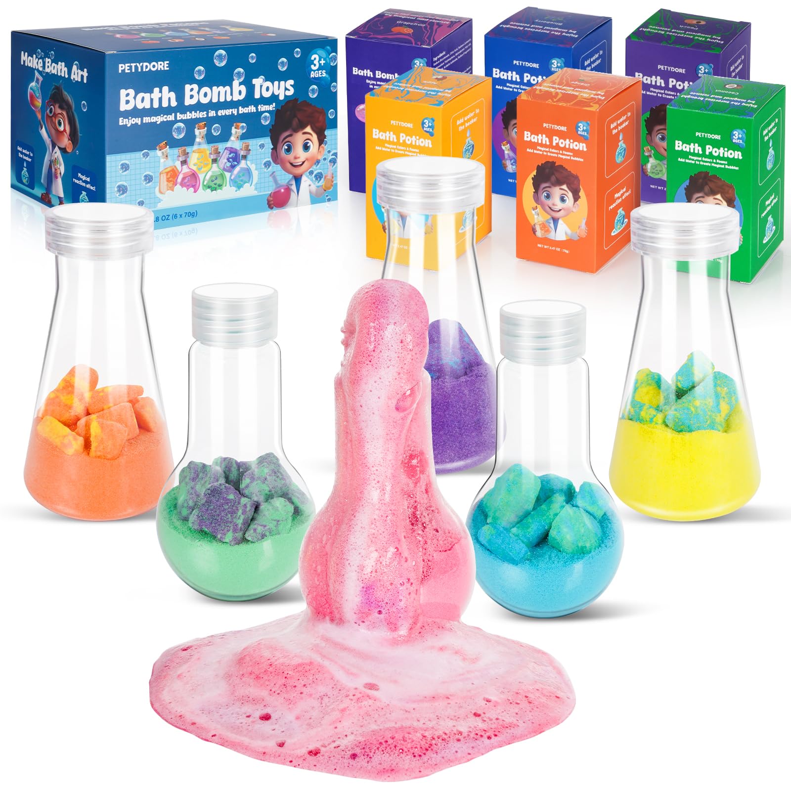 Petydore Bath Potion bottle shows fizzing bubbles for a safe, engaging bath time.