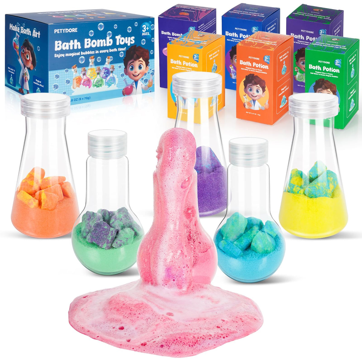 Petydore Bath Potion bottle shows fizzing bubbles for a safe, engaging bath time.
