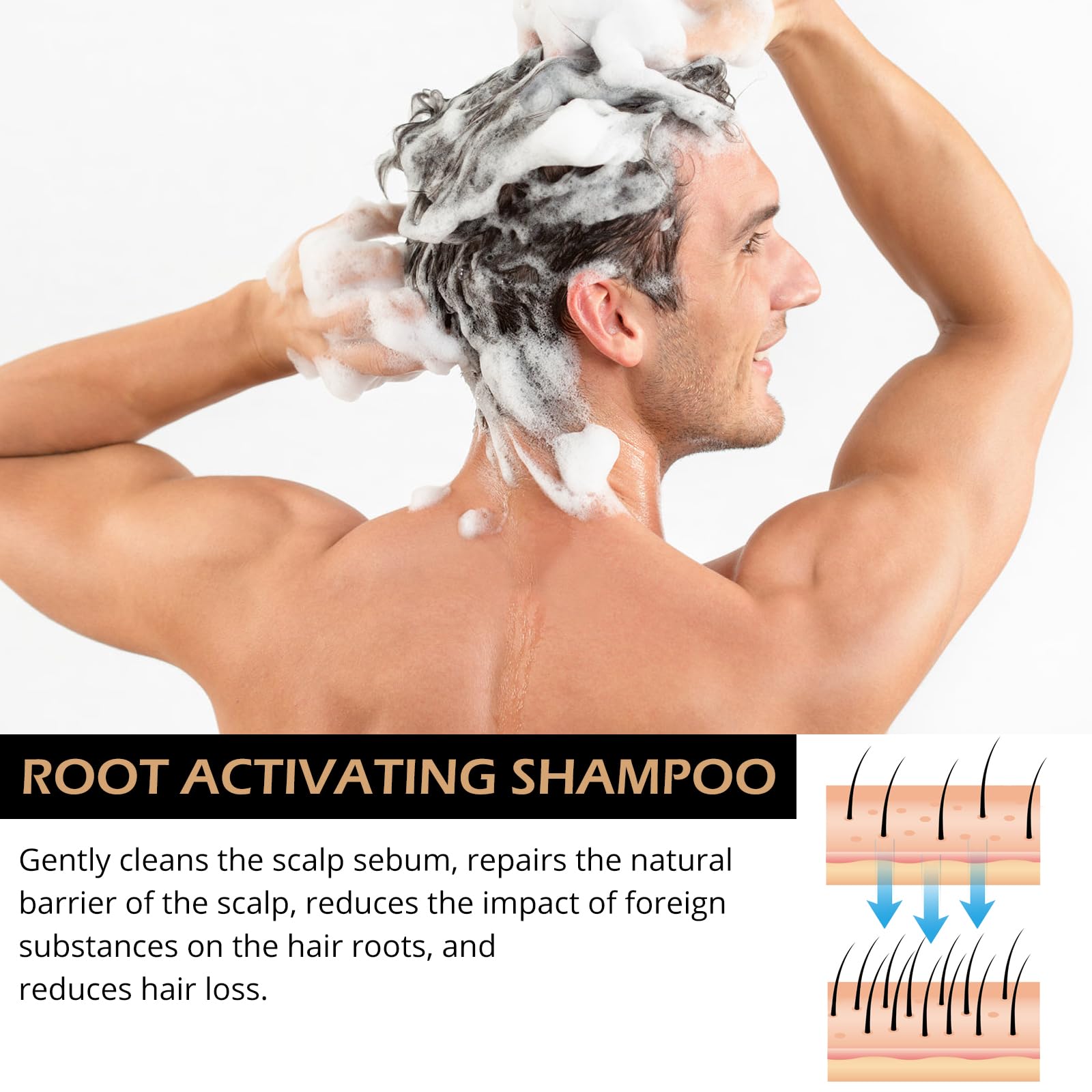 Pewatul Root Activator Shampoo closeup shows enriched keratin and argan for nourishment.