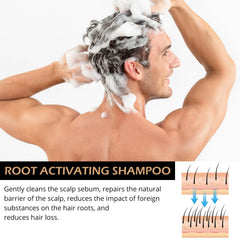 Pewatul Root Activator Shampoo closeup shows enriched keratin and argan for nourishment.