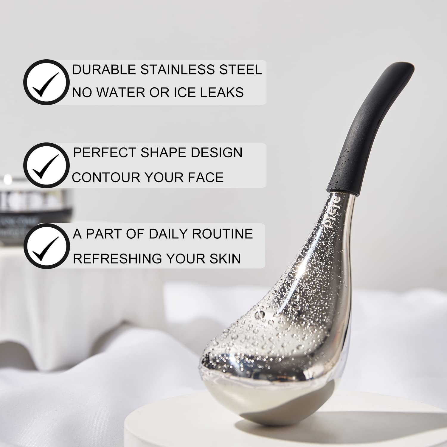 Pfefe Ice Globes around eyes offer cooling relief to reduce puffiness.