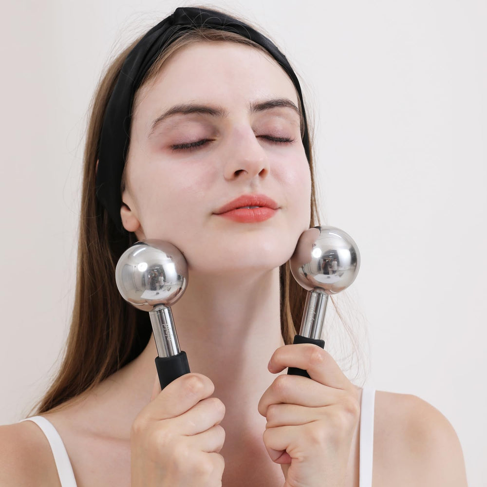 Pfefe ice globes applied to the forehead delivering refreshing cooling to skin
