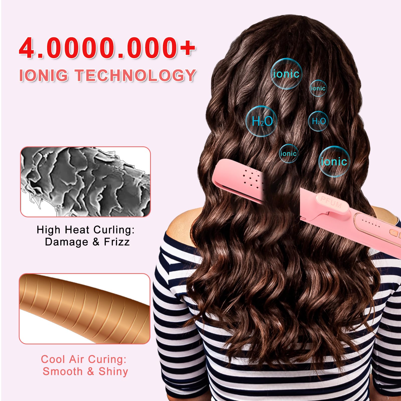 PFUM adjustable heat dial showing 280–430°F for customized hair styling.