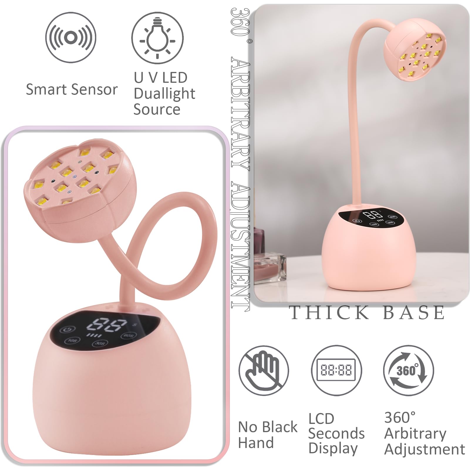 PHAIN gooseneck lamp offers adjustable angle for precise nail coverage.